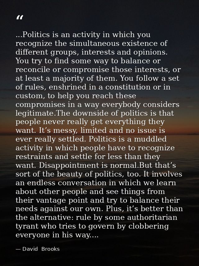 ...Politics is an activity in which you recognize the simultaneous existence of different groups, interests and opinions — David  Brooks