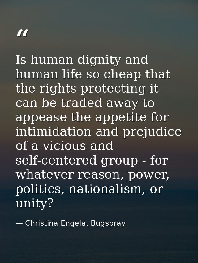 Is human dignity and human life so cheap that the rights protecting it can be traded away to appease the appetite for in — Christina Engela, Bugspray