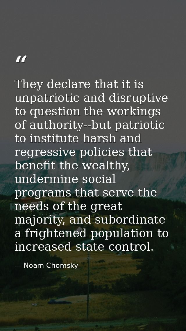 They declare that it is unpatriotic and disruptive to question the workings of authority--but patriotic to institute har — Noam Chomsky