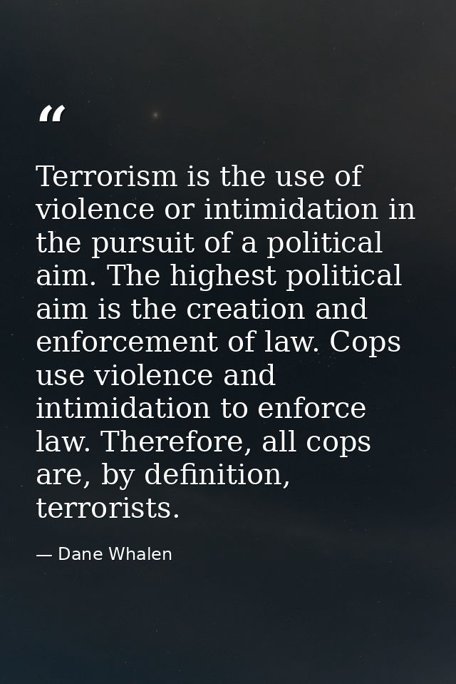 Terrorism is the use of violence or intimidation in the pursuit of a political aim. The highest political aim is the cre — Dane Whalen