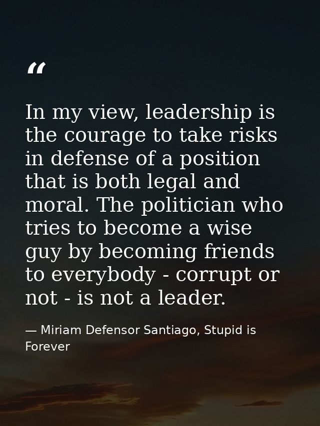 In my view, leadership is the courage to take risks in defense of a position that is both legal and moral. The politicia — Miriam Defensor Santiago, Stupid is Forever