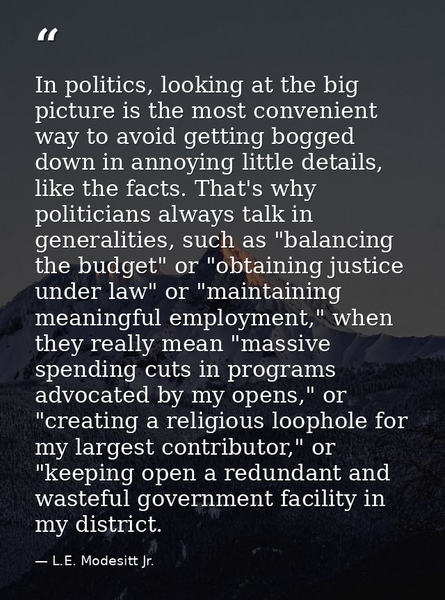In politics, looking at the big picture is the most convenient way to avoid getting bogged down in annoying little detai — L.E. Modesitt Jr.