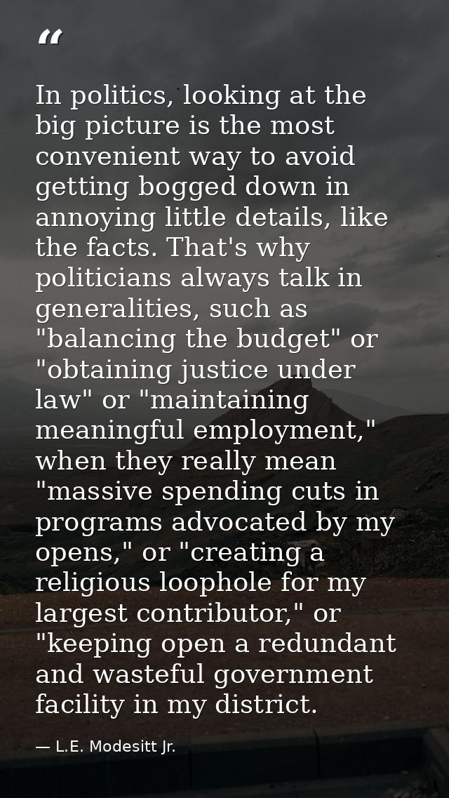 In politics, looking at the big picture is the most convenient way to avoid getting bogged down in annoying little detai — L.E. Modesitt Jr.