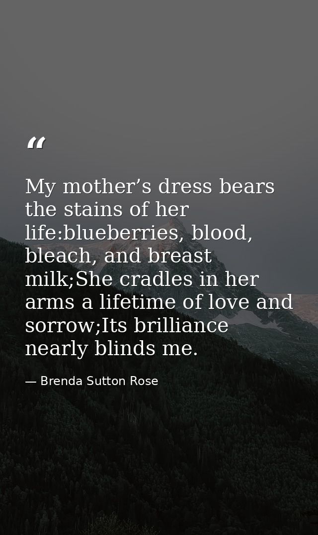 My mother’s dress bears the stains of her life:blueberries, blood, bleach, and breast milk;She cradles in her arms a lif — Brenda Sutton Rose
