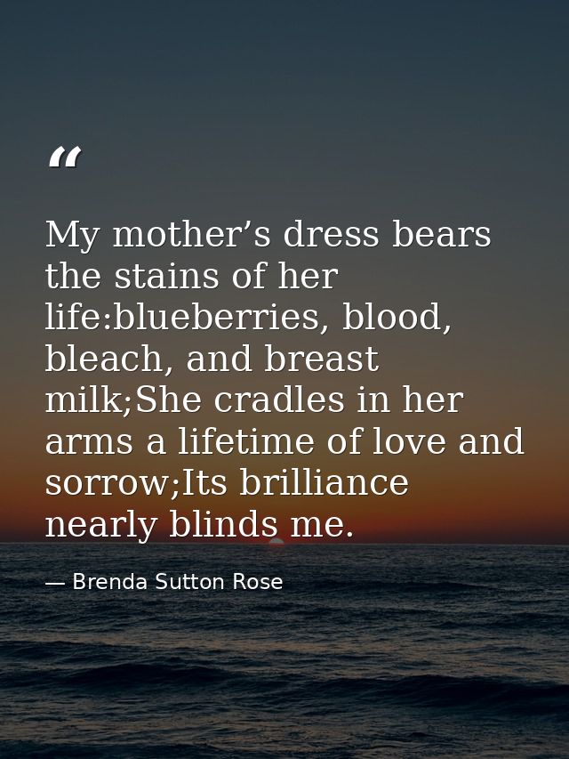 My mother’s dress bears the stains of her life:blueberries, blood, bleach, and breast milk;She cradles in her arms a lif — Brenda Sutton Rose