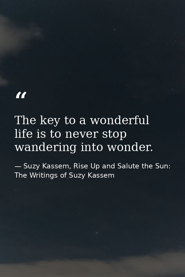 The key to a wonderful life is to never stop wandering into wonder. — Suzy Kassem, Rise Up and Salute the Sun: The Writings of Suzy Kassem
