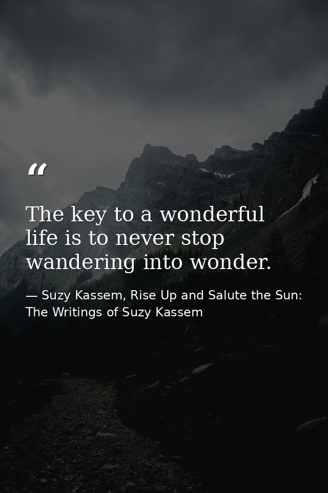 The key to a wonderful life is to never stop wandering into wonder. — Suzy Kassem, Rise Up and Salute the Sun: The Writings of Suzy Kassem
