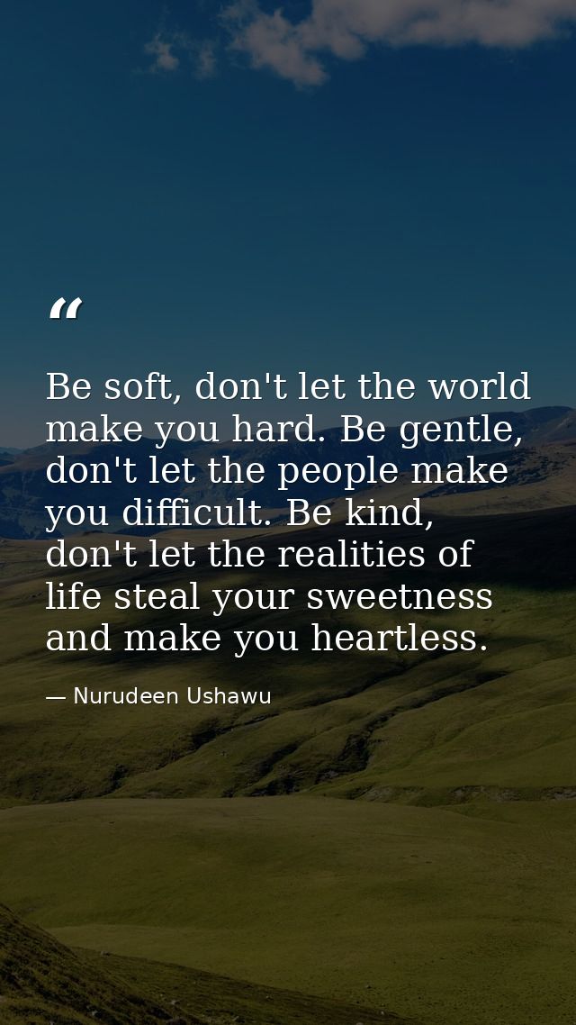 Be soft, don't let the world make you hard. Be gentle, don't let the people make you difficult. Be kind, don't let the r — Nurudeen Ushawu