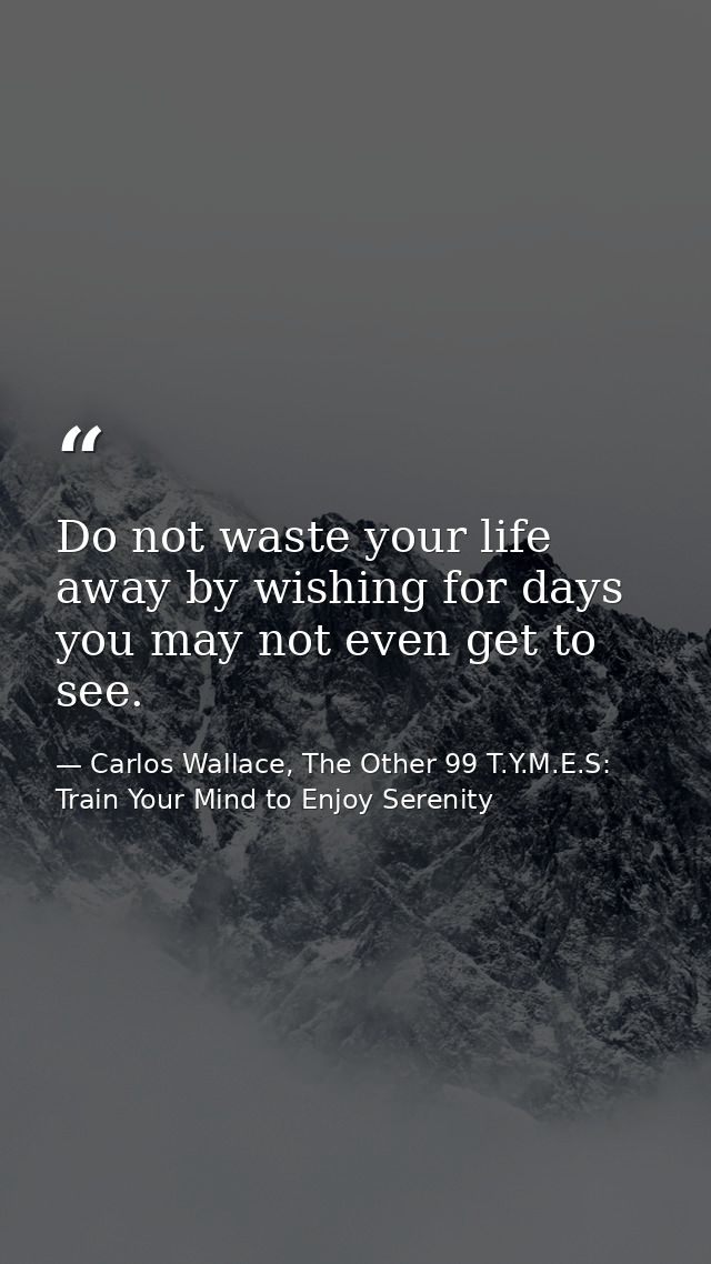 Do not waste your life away by wishing for days you may not even get to see. — Carlos Wallace, The Other 99 T.Y.M.E.S: Train Your Mind to Enjoy Serenity