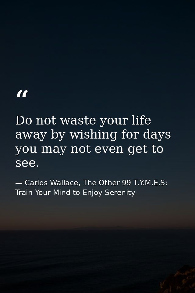 Do not waste your life away by wishing for days you may not even get to see. — Carlos Wallace, The Other 99 T.Y.M.E.S: Train Your Mind to Enjoy Serenity