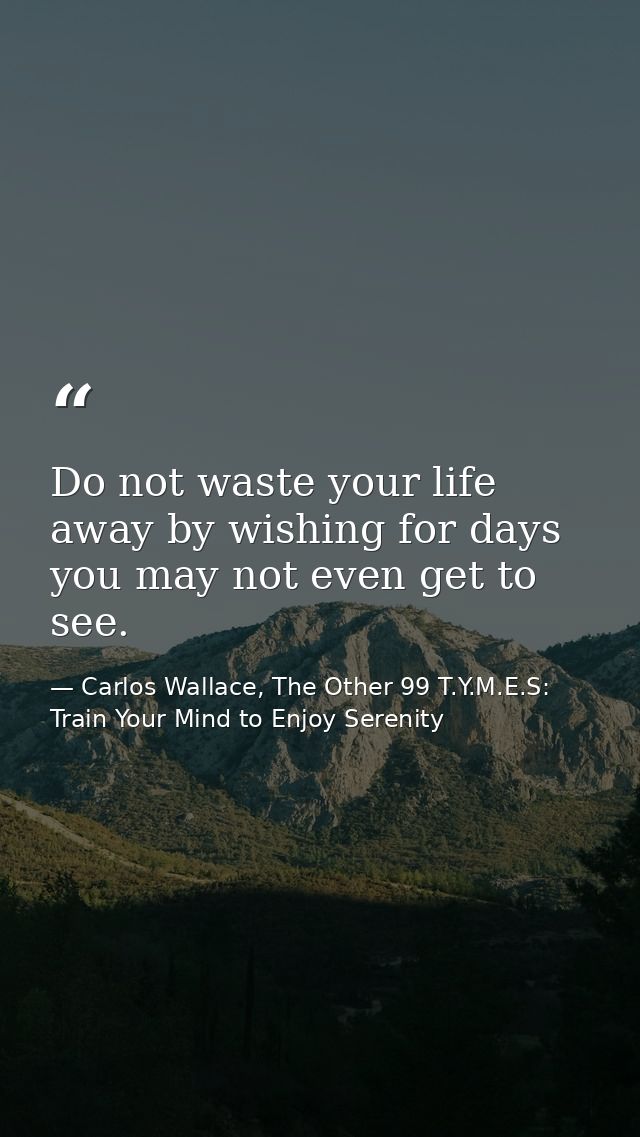 Do not waste your life away by wishing for days you may not even get to see. — Carlos Wallace, The Other 99 T.Y.M.E.S: Train Your Mind to Enjoy Serenity