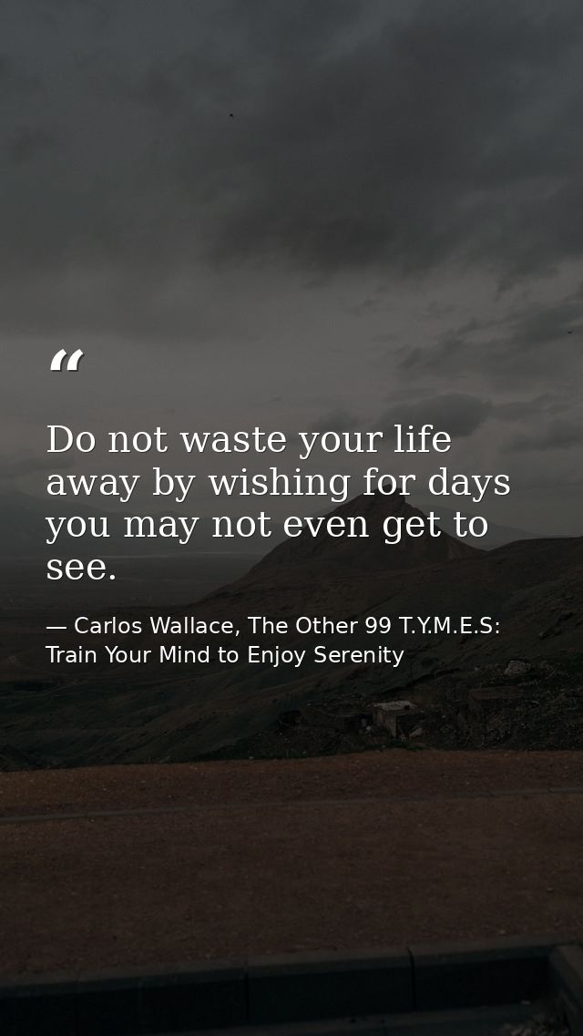Do not waste your life away by wishing for days you may not even get to see. — Carlos Wallace, The Other 99 T.Y.M.E.S: Train Your Mind to Enjoy Serenity