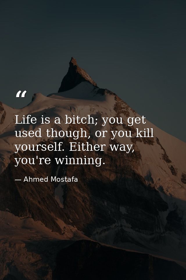Life is a bitch; you get used though, or you kill yourself. Either way, you're winning. — Ahmed Mostafa