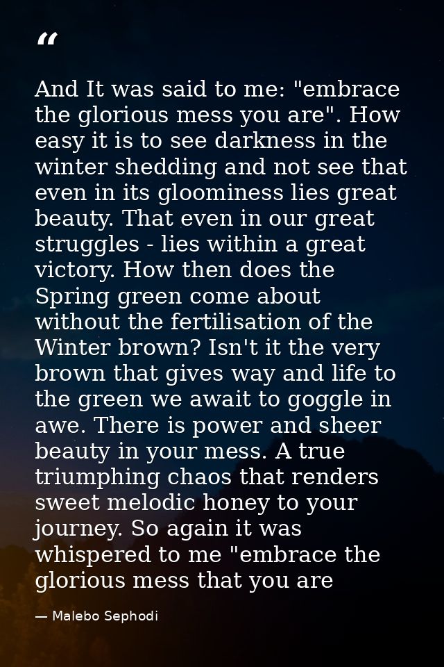 And It was said to me: "embrace the glorious mess you are". How easy it is to see darkness in the winter shedding and no — Malebo Sephodi
