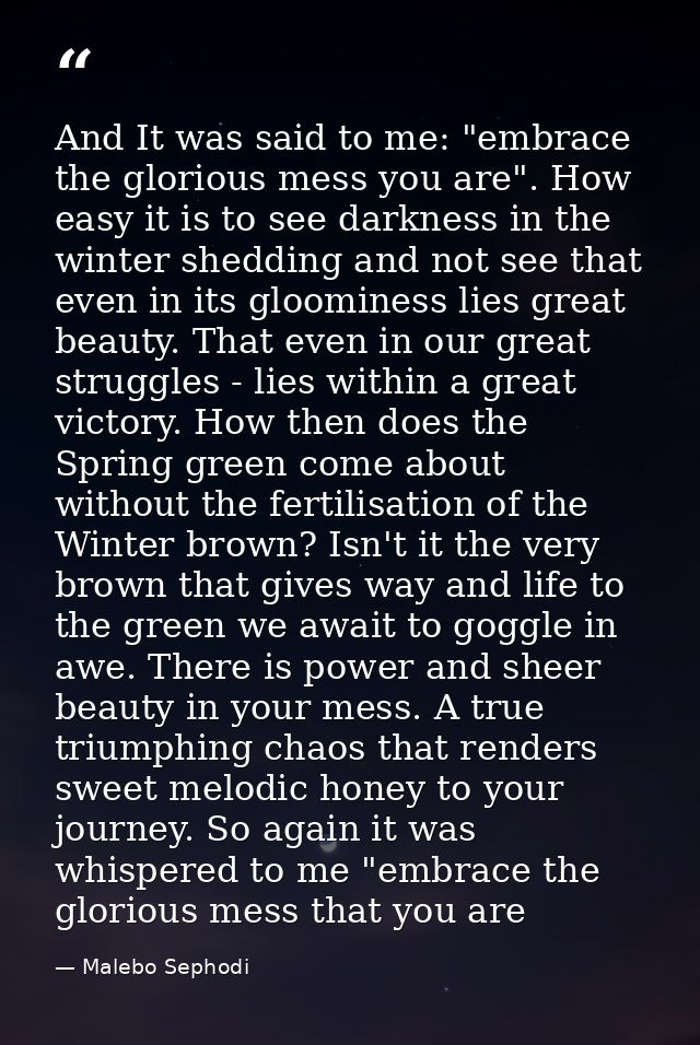 And It was said to me: "embrace the glorious mess you are". How easy it is to see darkness in the winter shedding and no — Malebo Sephodi