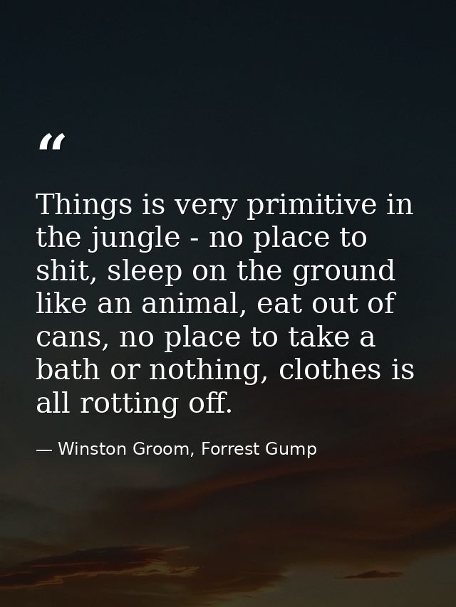 Things is very primitive in the jungle - no place to shit, sleep on the ground like an animal, eat out of cans, no place — Winston Groom, Forrest Gump