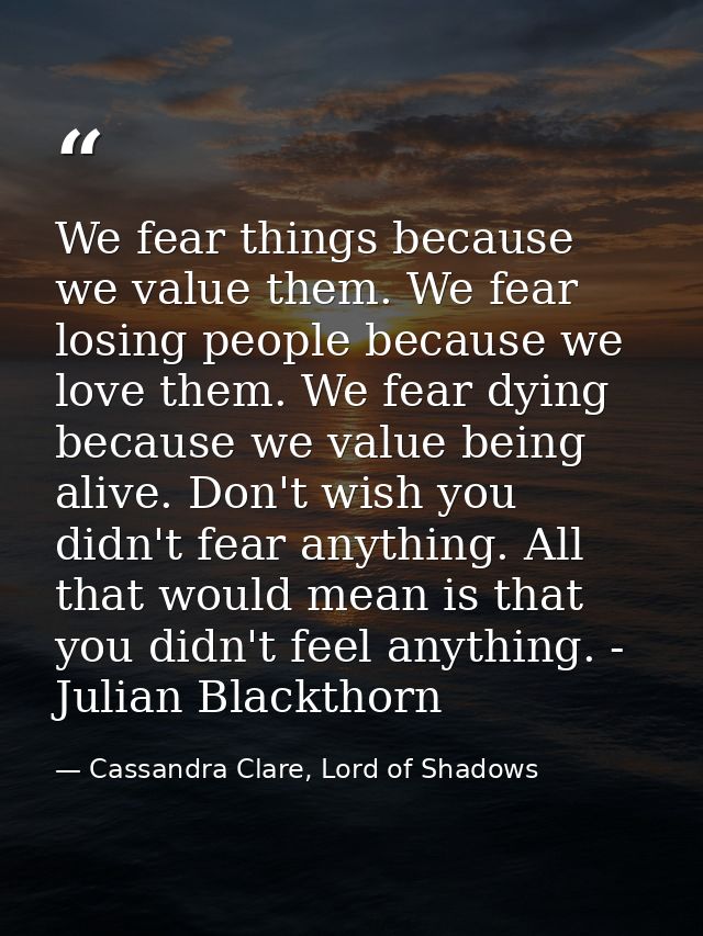 We fear things because we value them. We fear losing people because we love them. We fear dying because we value being a — Cassandra Clare, Lord of Shadows