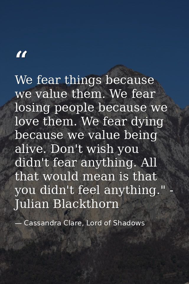 We fear things because we value them. We fear losing people because we love them. We fear dying because we value being a — Cassandra Clare, Lord of Shadows