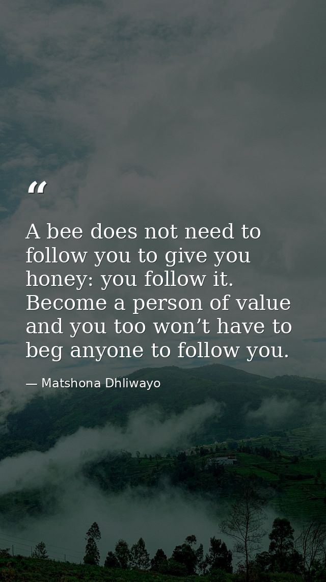 A bee does not need to follow you to give you honey: you follow it. Become a person of value and you too won’t have to b — Matshona Dhliwayo