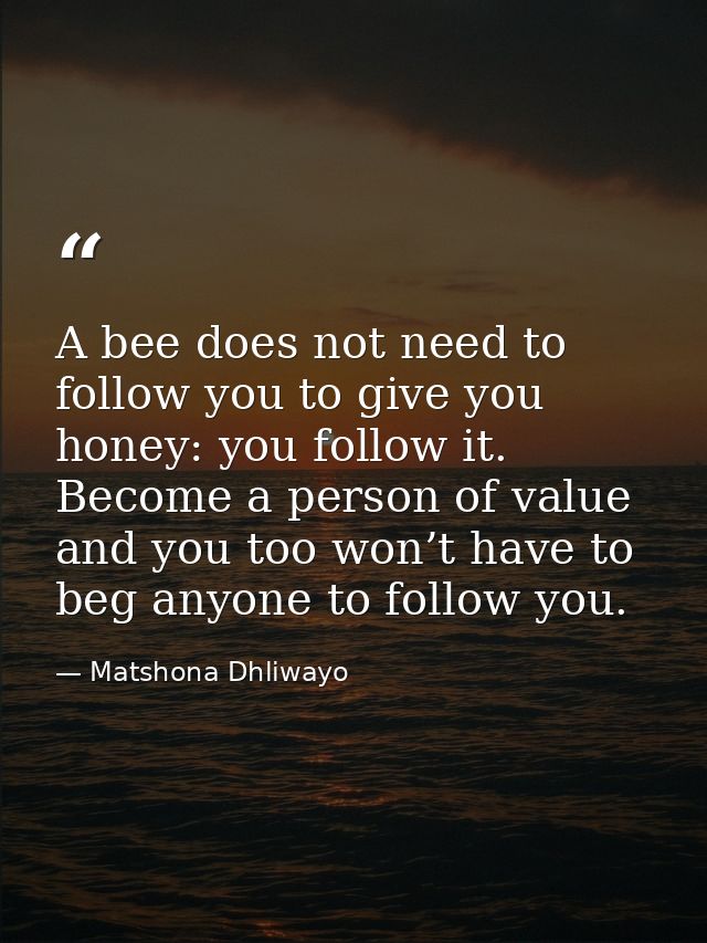 A bee does not need to follow you to give you honey: you follow it. Become a person of value and you too won’t have to b — Matshona Dhliwayo