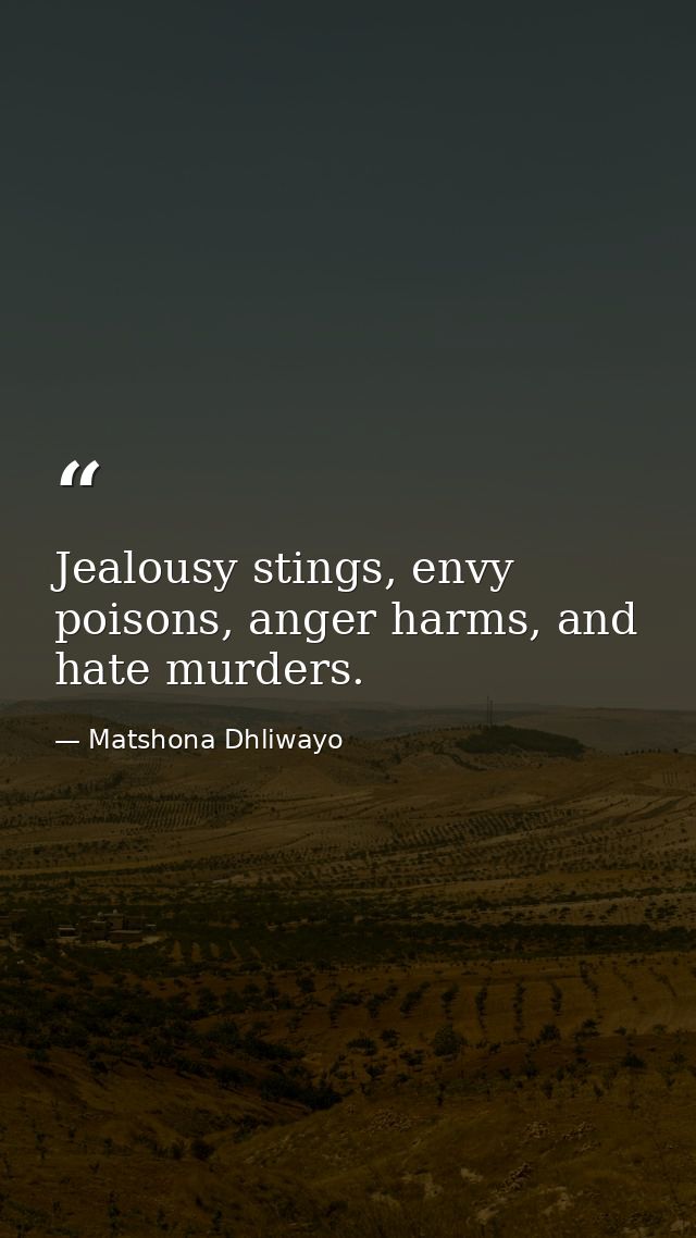 Jealousy stings, envy poisons, anger harms, and hate murders. — Matshona Dhliwayo