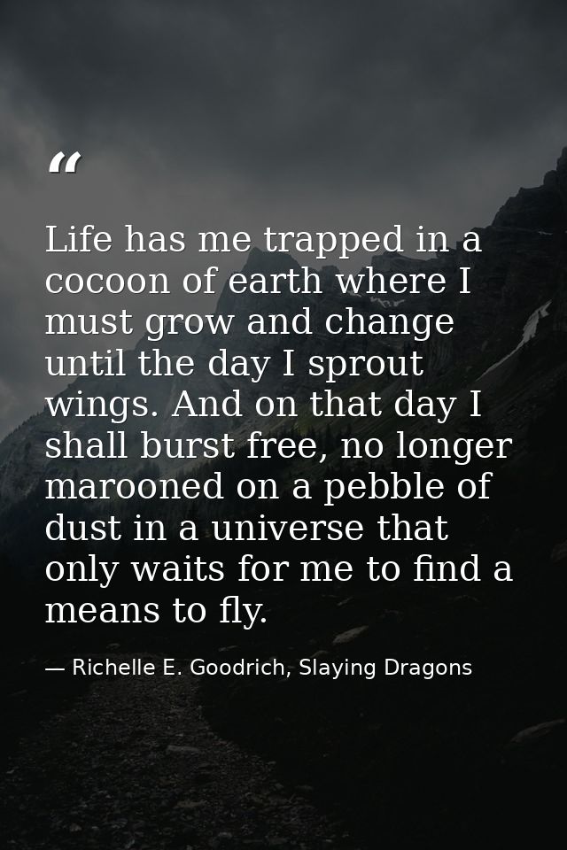 Life has me trapped in a cocoon of earth where I must grow and change until the day I sprout wings. And on that day I sh — Richelle E. Goodrich, Slaying Dragons