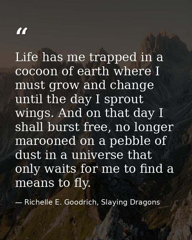 Life has me trapped in a cocoon of earth where I must grow and change until the day I sprout wings. And on that day I sh — Richelle E. Goodrich, Slaying Dragons