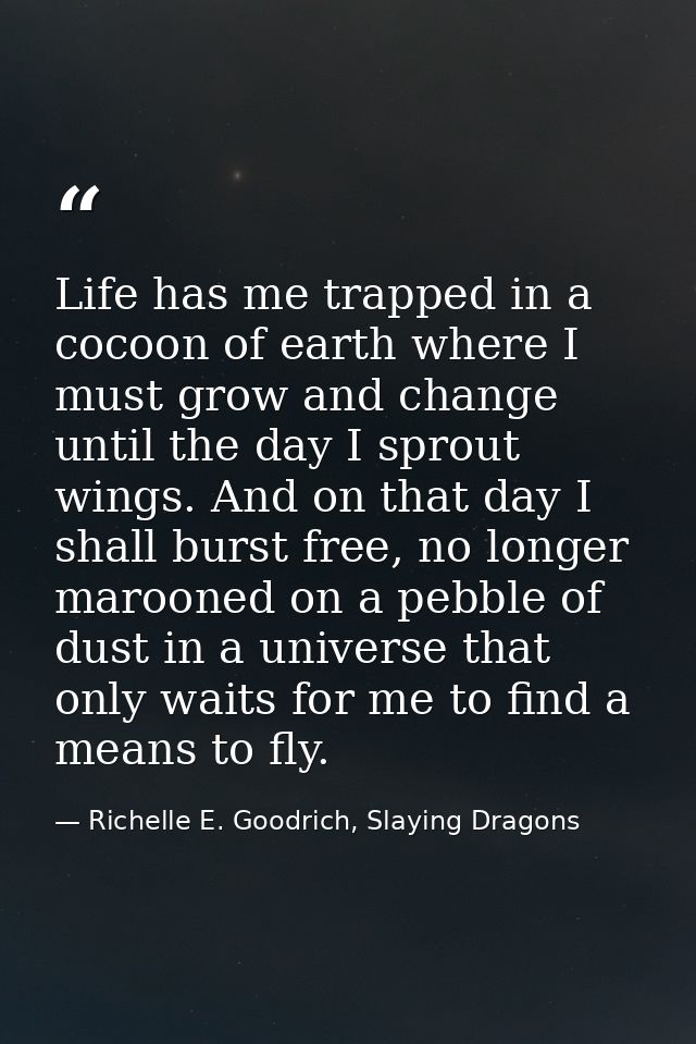 Life has me trapped in a cocoon of earth where I must grow and change until the day I sprout wings. And on that day I sh — Richelle E. Goodrich, Slaying Dragons