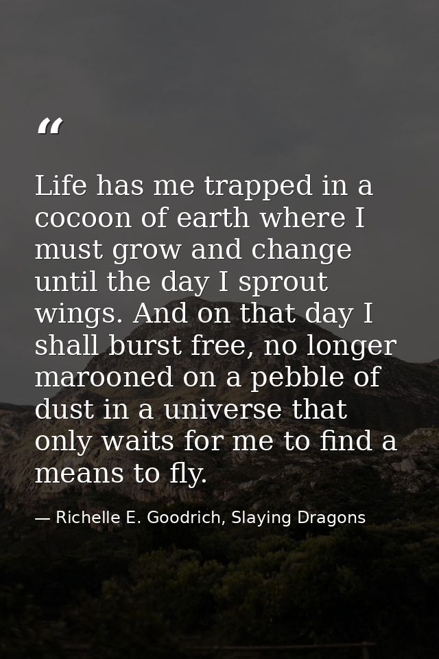 Life has me trapped in a cocoon of earth where I must grow and change until the day I sprout wings. And on that day I sh — Richelle E. Goodrich, Slaying Dragons