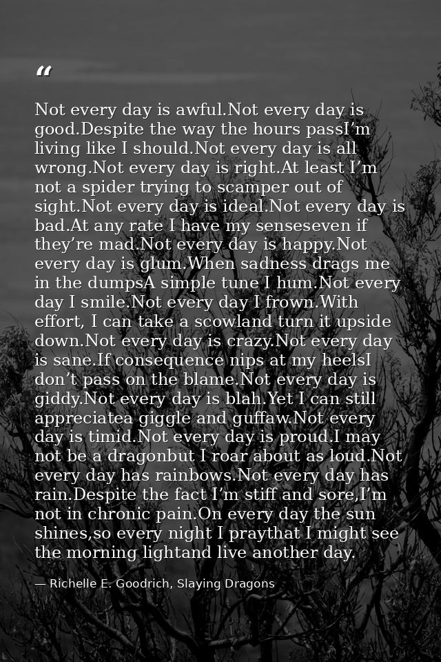 Not every day is awful.Not every day is good.Despite the way the hours passI’m living like I should.Not every day is all — Richelle E. Goodrich, Slaying Dragons