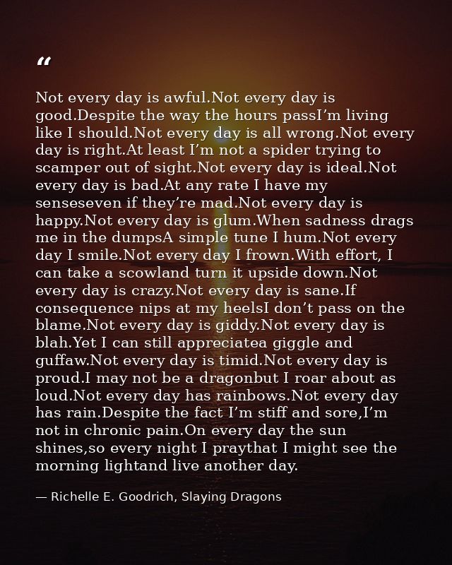 Not every day is awful.Not every day is good.Despite the way the hours passI’m living like I should.Not every day is all — Richelle E. Goodrich, Slaying Dragons
