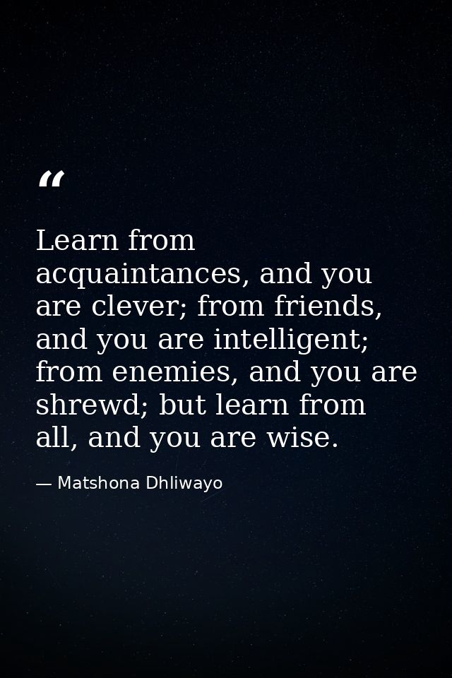 Learn from acquaintances, and you are clever; from friends, and you are intelligent; from enemies, and you are shrewd; b — Matshona Dhliwayo