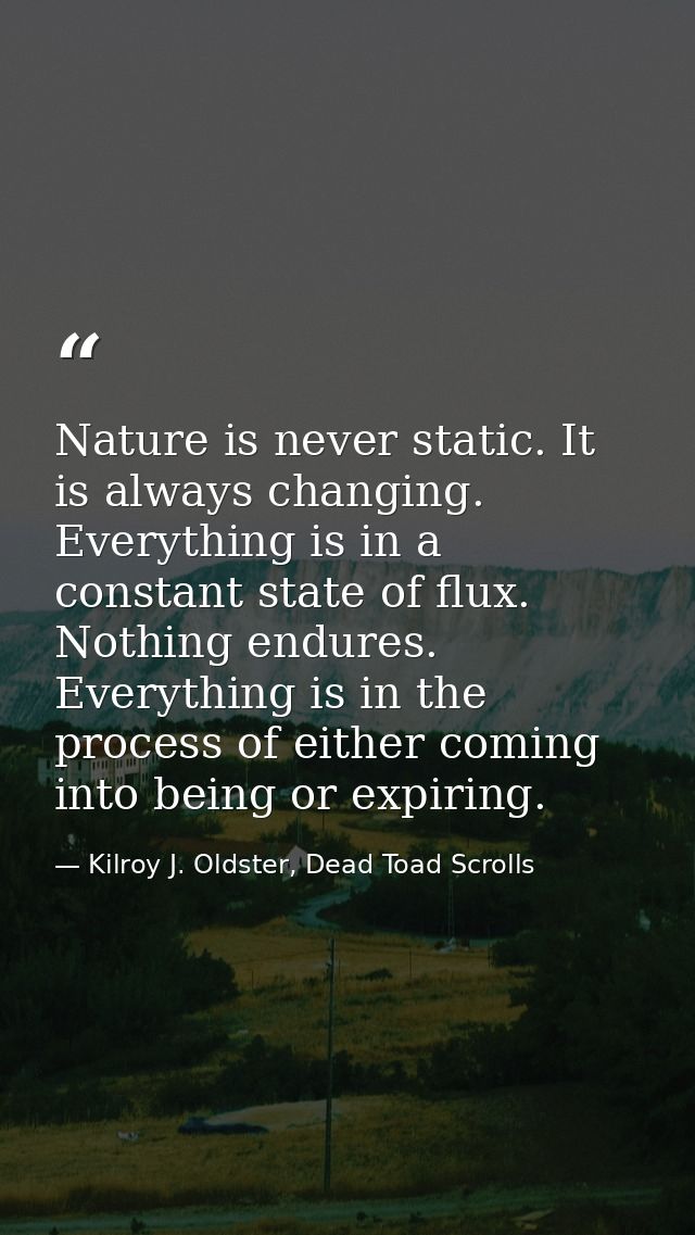 Nature is never static. It is always changing. Everything is in a constant state of flux. Nothing endures. Everything is — Kilroy J. Oldster, Dead Toad Scrolls