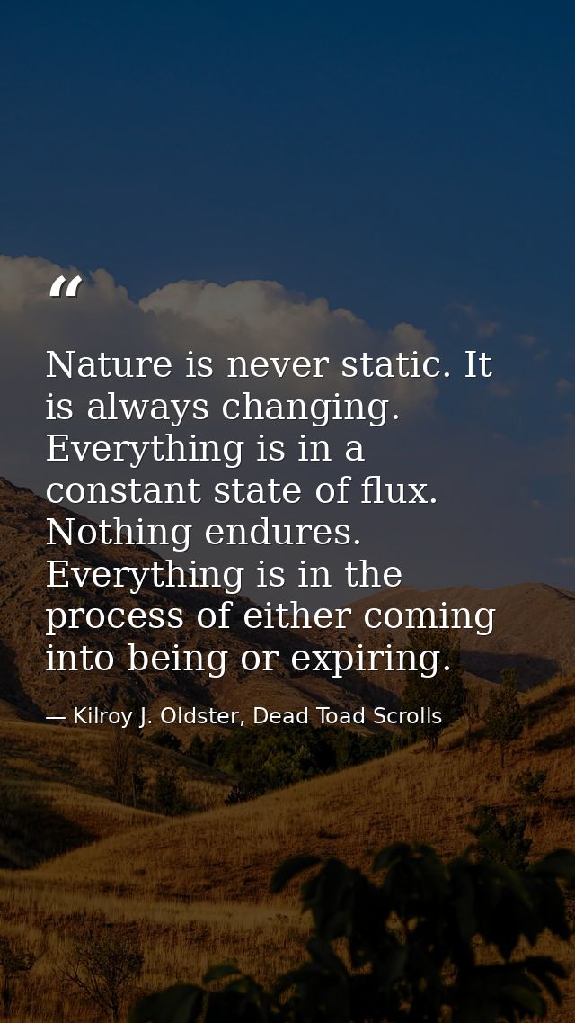 Nature is never static. It is always changing. Everything is in a constant state of flux. Nothing endures. Everything is — Kilroy J. Oldster, Dead Toad Scrolls