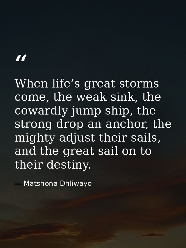 When life’s great storms come, the weak sink, the cowardly jump ship, the strong drop an anchor, the mighty adjust their — Matshona Dhliwayo