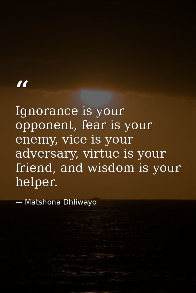 Ignorance is your opponent, fear is your enemy, vice is your adversary, virtue is your friend, and wisdom is your helper — Matshona Dhliwayo