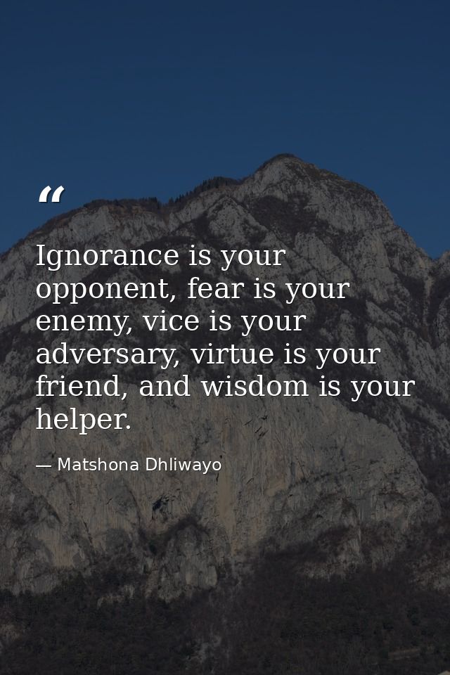 Ignorance is your opponent, fear is your enemy, vice is your adversary, virtue is your friend, and wisdom is your helper — Matshona Dhliwayo