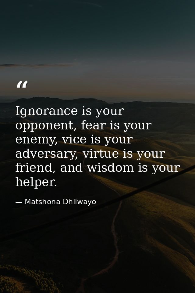 Ignorance is your opponent, fear is your enemy, vice is your adversary, virtue is your friend, and wisdom is your helper — Matshona Dhliwayo