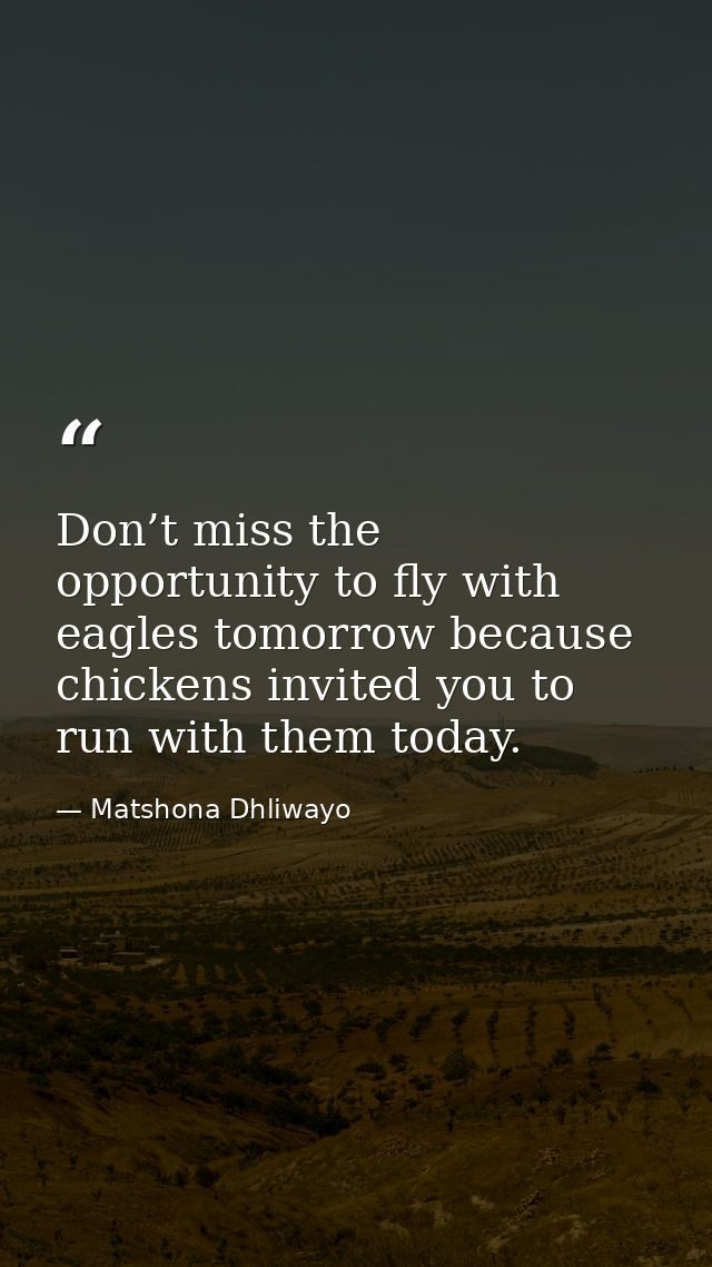 Don’t miss the opportunity to fly with eagles tomorrow because chickens invited you to run with them today. — Matshona Dhliwayo