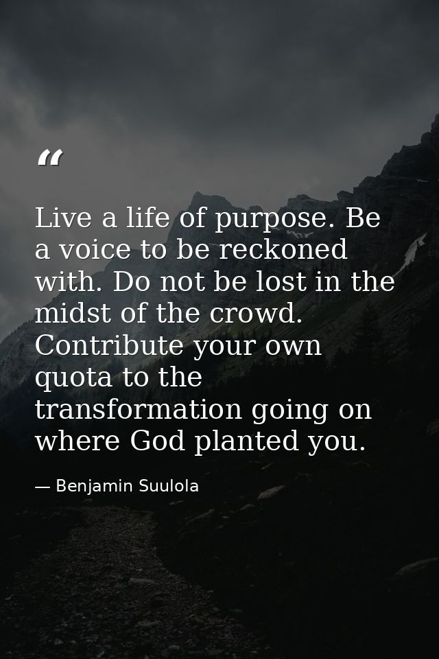 Live a life of purpose. Be a voice to be reckoned with. Do not be lost in the midst of the crowd. Contribute your own qu — Benjamin Suulola