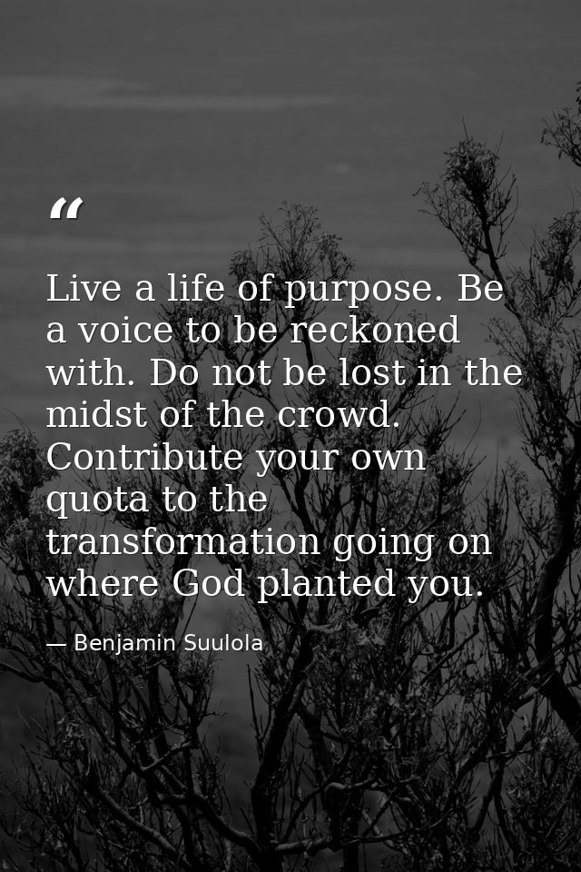 Live a life of purpose. Be a voice to be reckoned with. Do not be lost in the midst of the crowd. Contribute your own qu — Benjamin Suulola