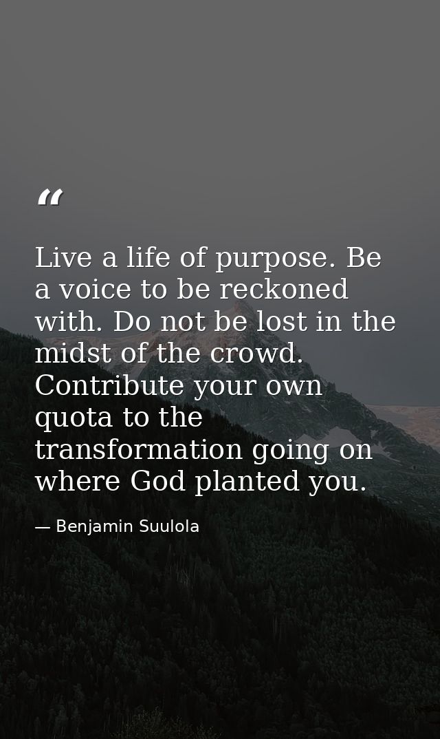 Live a life of purpose. Be a voice to be reckoned with. Do not be lost in the midst of the crowd. Contribute your own qu — Benjamin Suulola
