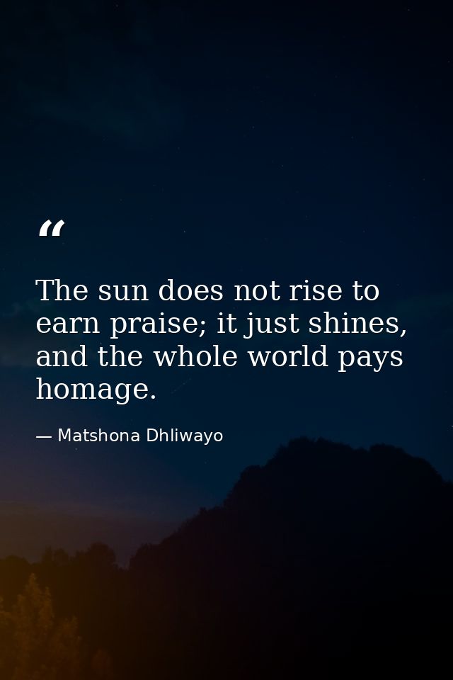 The sun does not rise to earn praise; it just shines, and the whole world pays homage. — Matshona Dhliwayo