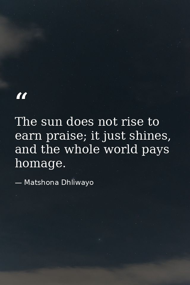 The sun does not rise to earn praise; it just shines, and the whole world pays homage. — Matshona Dhliwayo