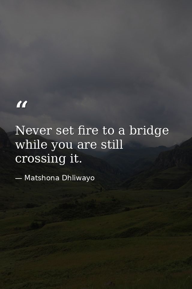 Never set fire to a bridge while you are still crossing it. — Matshona Dhliwayo