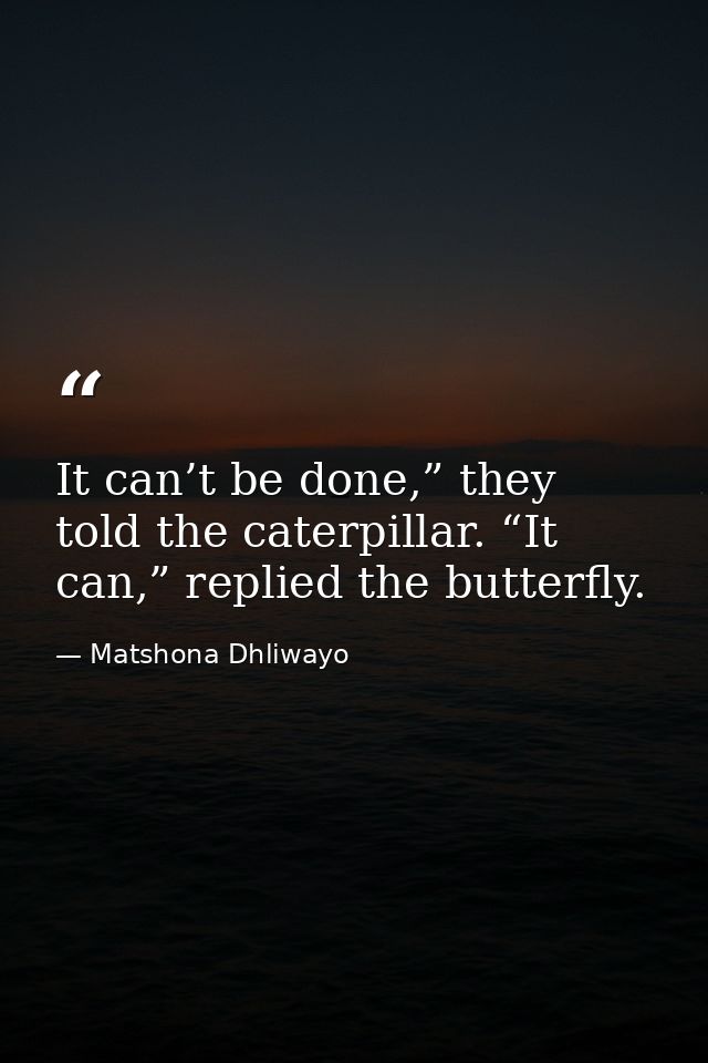 It can’t be done,” they told the caterpillar. “It can,” replied the butterfly. — Matshona Dhliwayo