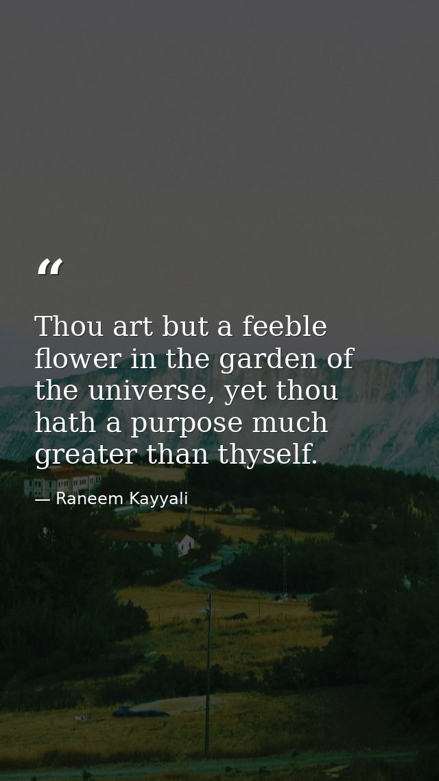 Thou art but a feeble flower in the garden of the universe, yet thou hath a purpose much greater than thyself. — Raneem Kayyali