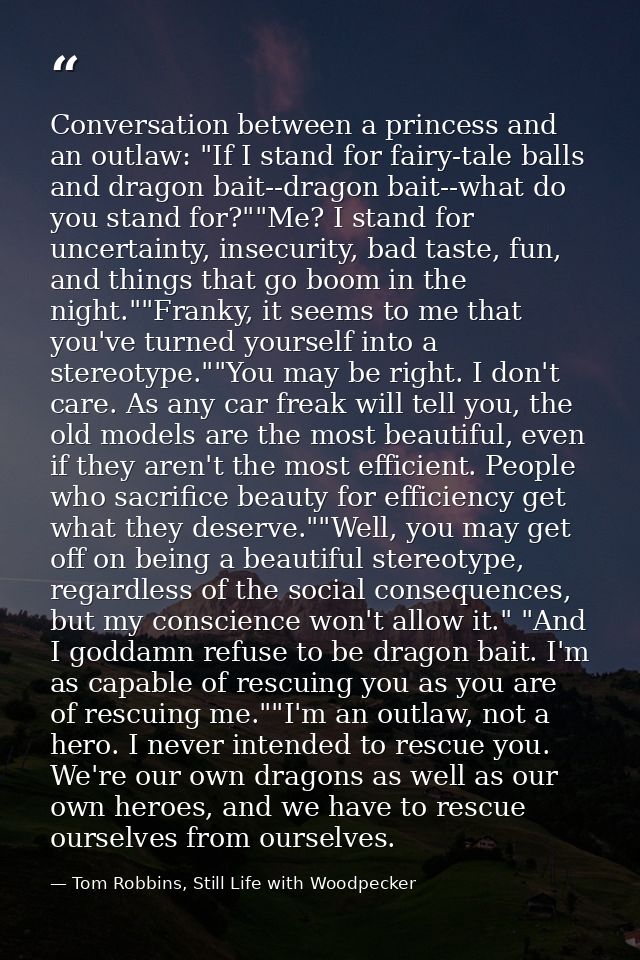 Conversation between a princess and an outlaw: "If I stand for fairy-tale balls and dragon bait--dragon bait--what do yo — Tom Robbins, Still Life with Woodpecker