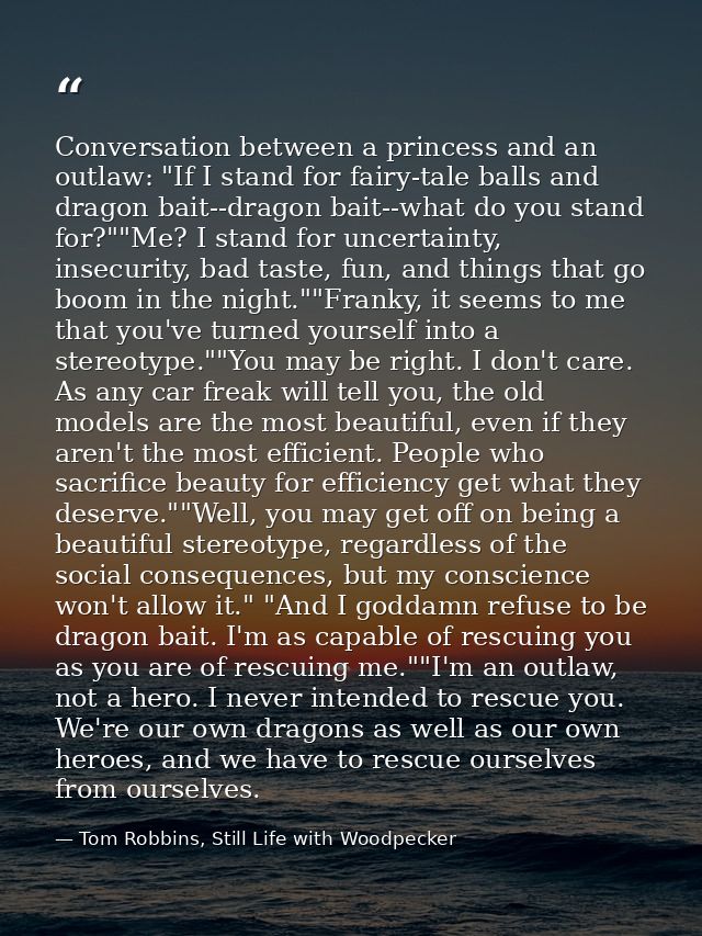 Conversation between a princess and an outlaw: "If I stand for fairy-tale balls and dragon bait--dragon bait--what do yo — Tom Robbins, Still Life with Woodpecker