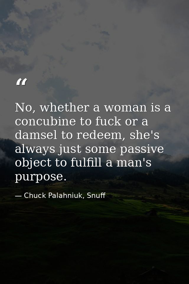 No, whether a woman is a concubine to fuck or a damsel to redeem, she's always just some passive object to fulfill a man — Chuck Palahniuk, Snuff
